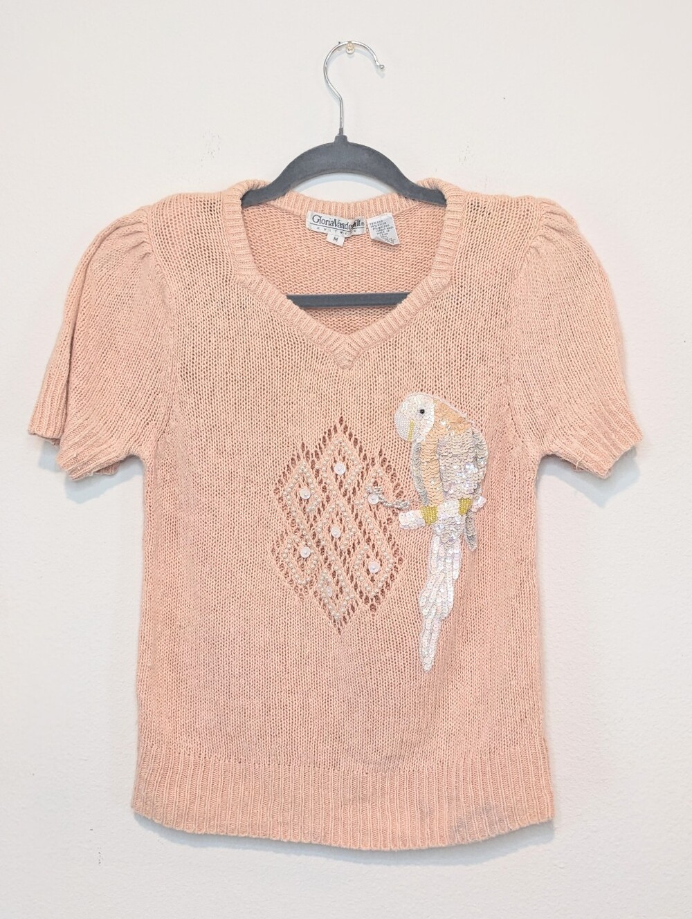 Vintage Gloria Vanderbilt Knitwear Pink Silk Angora Sequin Bird Parrot Sweater M